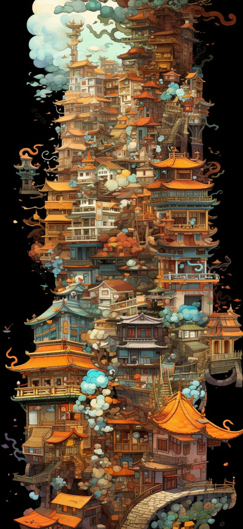 重叠建筑阁楼亭子古典祥云国潮风中国风传统文化节日插画,插画/手绘图,插画/手绘图库,插画/手绘图下载,插画/手绘